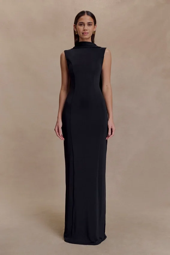 Wisteria Slinky Maxi Dress With Scarf – Black Wisteria Slinky Maxi Dress With Scarf – Black