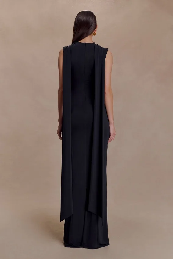 Wisteria Slinky Maxi Dress With Scarf – Black Wisteria Slinky Maxi Dress With Scarf – Black