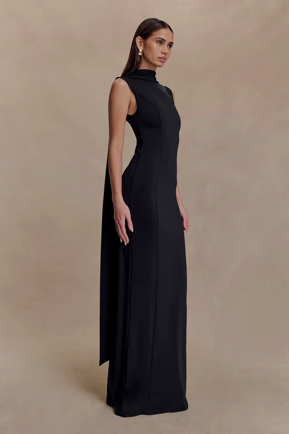 Wisteria Slinky Maxi Dress With Scarf – Black Wisteria Slinky Maxi Dress With Scarf – Black