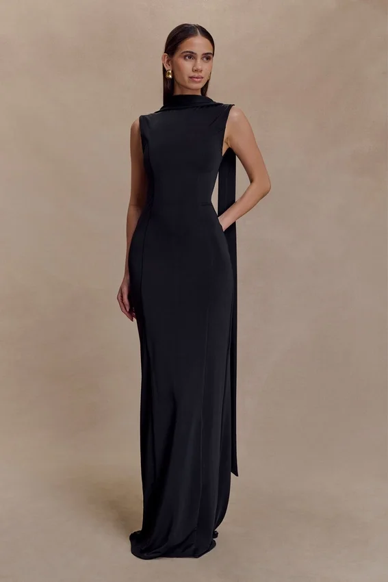 Wisteria Slinky Maxi Dress With Scarf – Black Wisteria Slinky Maxi Dress With Scarf – Black