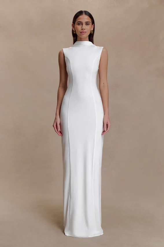 Wisteria Slinky Maxi Dress With Scarf – White Wisteria Slinky Maxi Dress With Scarf – White
