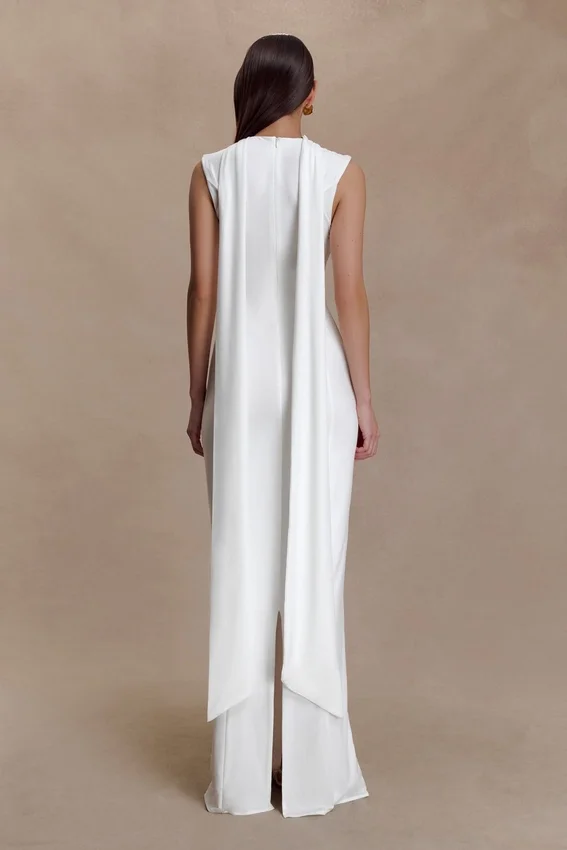 Wisteria Slinky Maxi Dress With Scarf – White Wisteria Slinky Maxi Dress With Scarf – White