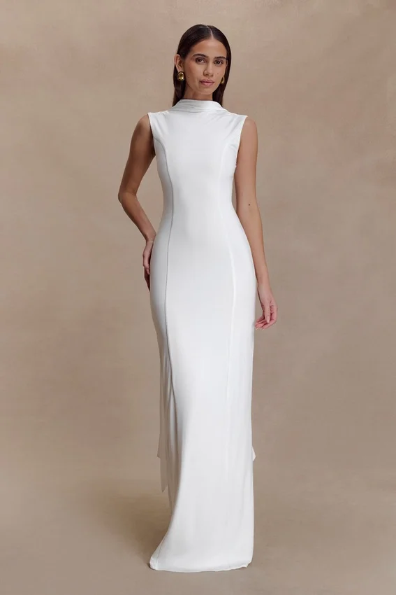 Wisteria Slinky Maxi Dress With Scarf – White Wisteria Slinky Maxi Dress With Scarf – White