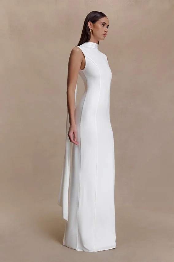 Wisteria Slinky Maxi Dress With Scarf – White Wisteria Slinky Maxi Dress With Scarf – White