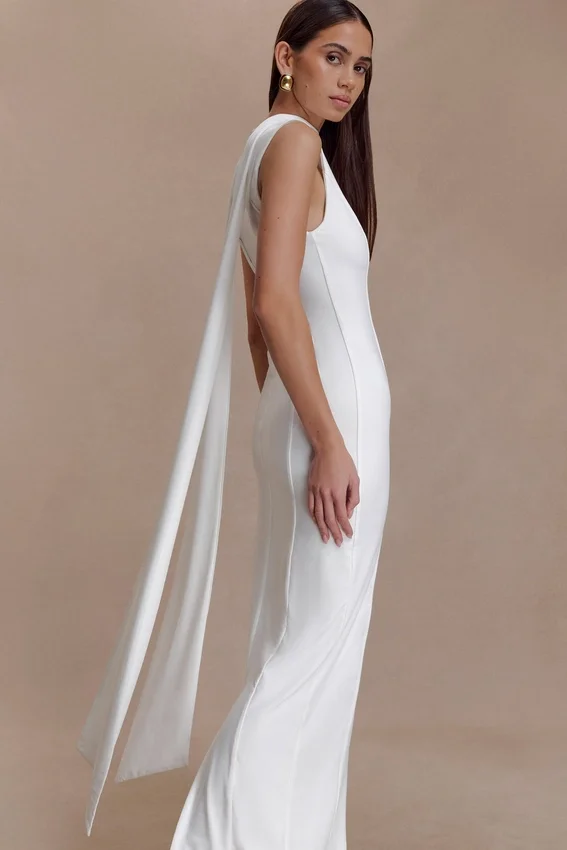 Wisteria Slinky Maxi Dress With Scarf – White Wisteria Slinky Maxi Dress With Scarf – White