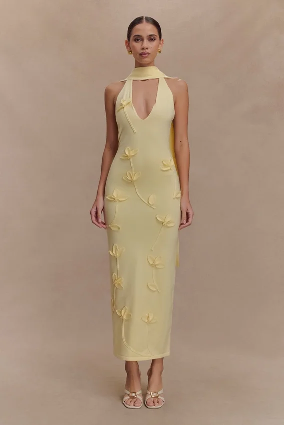 Wynn Floral Knit Midi Dress – Lemon Wynn Floral Knit Midi Dress – Lemon