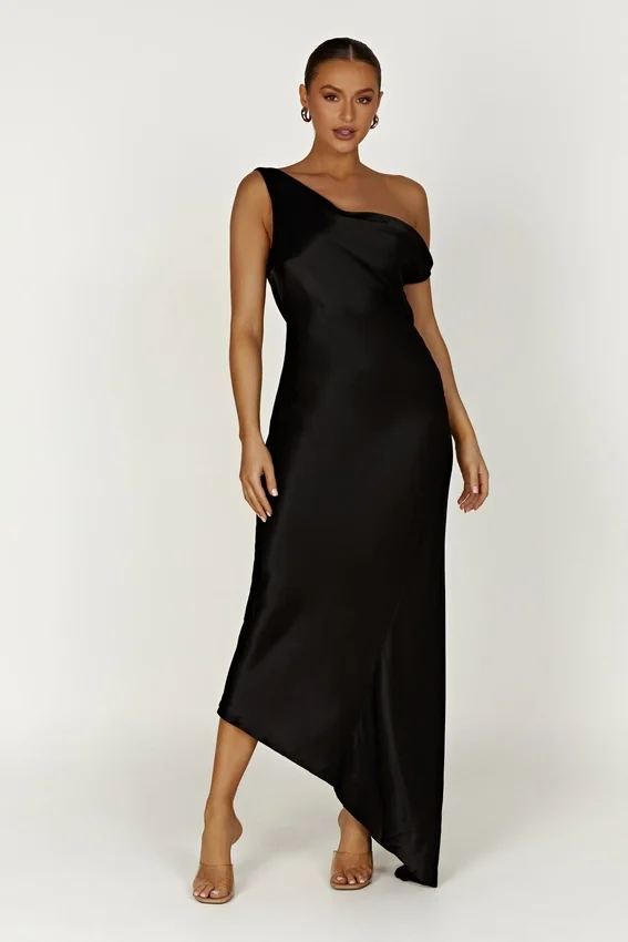 Yvette Slip Maxi Dress With Asymmetrical Hem – Black Yvette Slip Maxi Dress With Asymmetrical Hem – Black