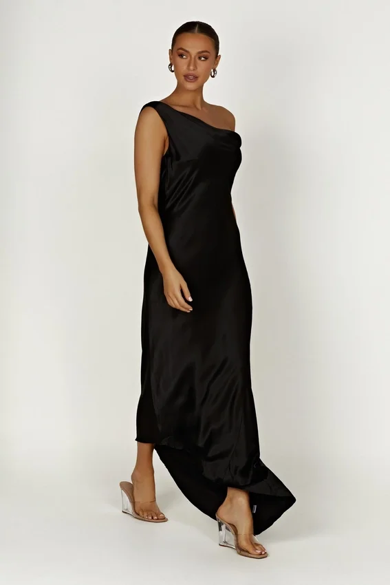 Yvette Slip Maxi Dress With Asymmetrical Hem – Black Yvette Slip Maxi Dress With Asymmetrical Hem – Black