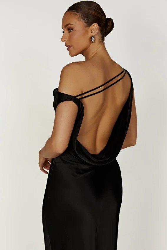 Yvette Slip Maxi Dress With Asymmetrical Hem – Black Yvette Slip Maxi Dress With Asymmetrical Hem – Black