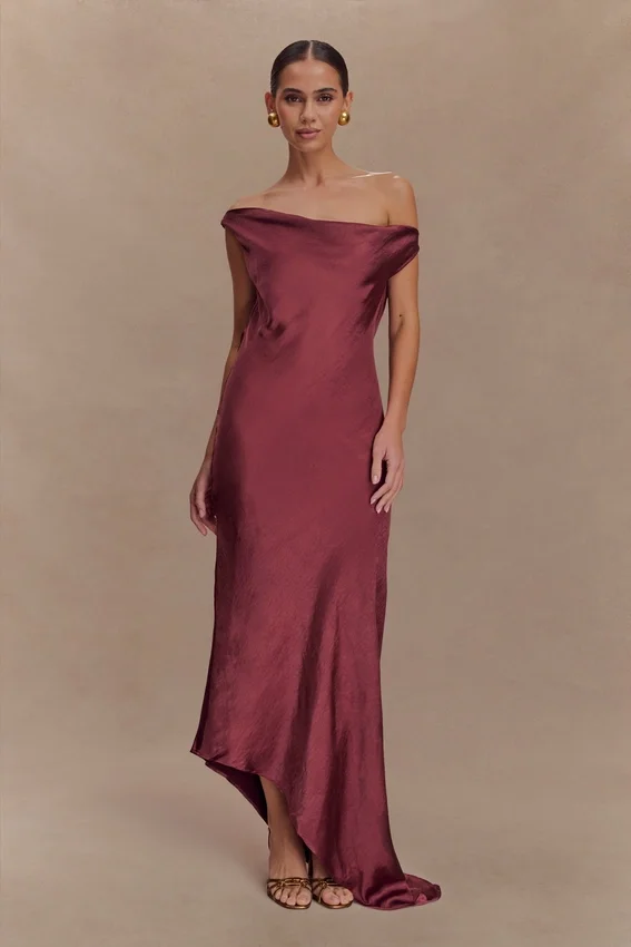 Yvette Slip Maxi Dress With Asymmetrical Hem – Brown Cherry Yvette Slip Maxi Dress With Asymmetrical Hem – Brown Cherry