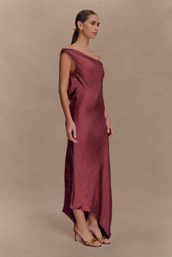 Yvette Slip Maxi Dress With Asymmetrical Hem – Brown Cherry Yvette Slip Maxi Dress With Asymmetrical Hem – Brown Cherry