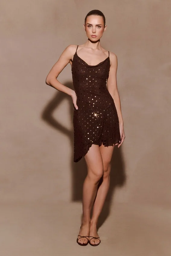 Zahra Diamante Cowl Mini Dress – Chocolate Zahra Diamante Cowl Mini Dress – Chocolate