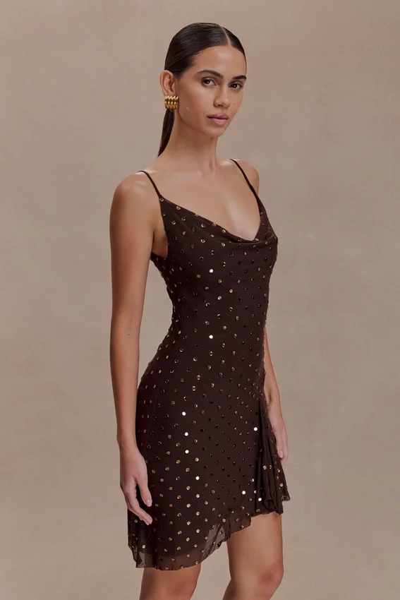 Zahra Diamante Cowl Mini Dress – Chocolate Zahra Diamante Cowl Mini Dress – Chocolate