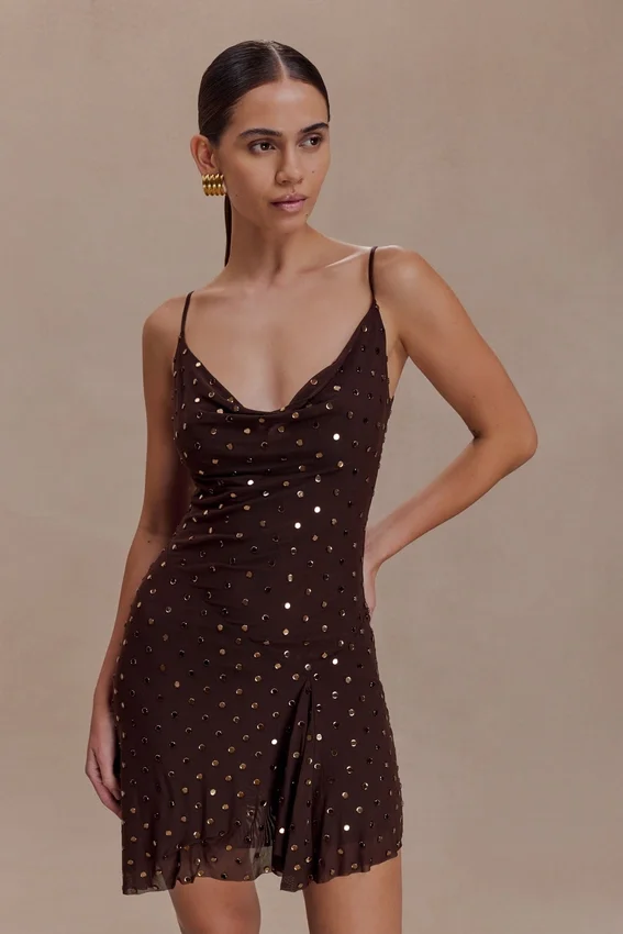 Zahra Diamante Cowl Mini Dress – Chocolate Zahra Diamante Cowl Mini Dress – Chocolate