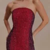Zander Hand Beaded Strapless Mini Dress – Red Ombre