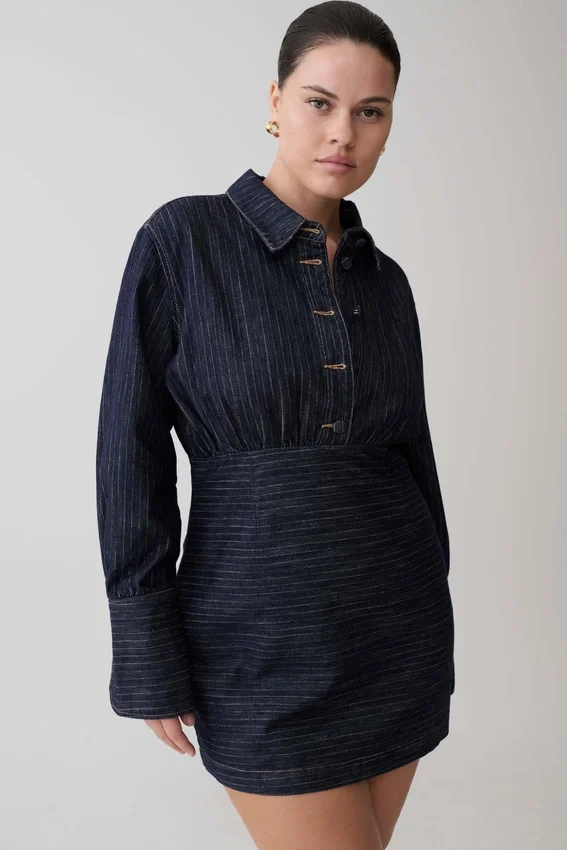 Zarah Denim Long Sleeve Mini Dress – Indigo Pinstripe Zarah Denim Long Sleeve Mini Dress – Indigo Pinstripe