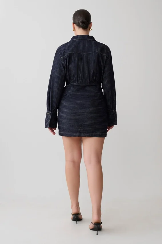 Zarah Denim Long Sleeve Mini Dress – Indigo Pinstripe Zarah Denim Long Sleeve Mini Dress – Indigo Pinstripe