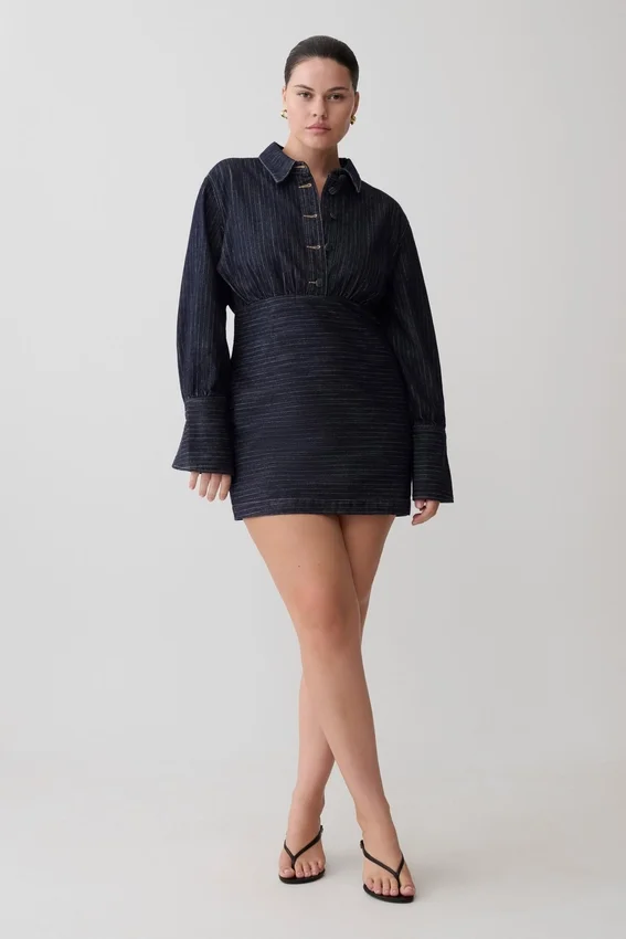 Zarah Denim Long Sleeve Mini Dress – Indigo Pinstripe Zarah Denim Long Sleeve Mini Dress – Indigo Pinstripe