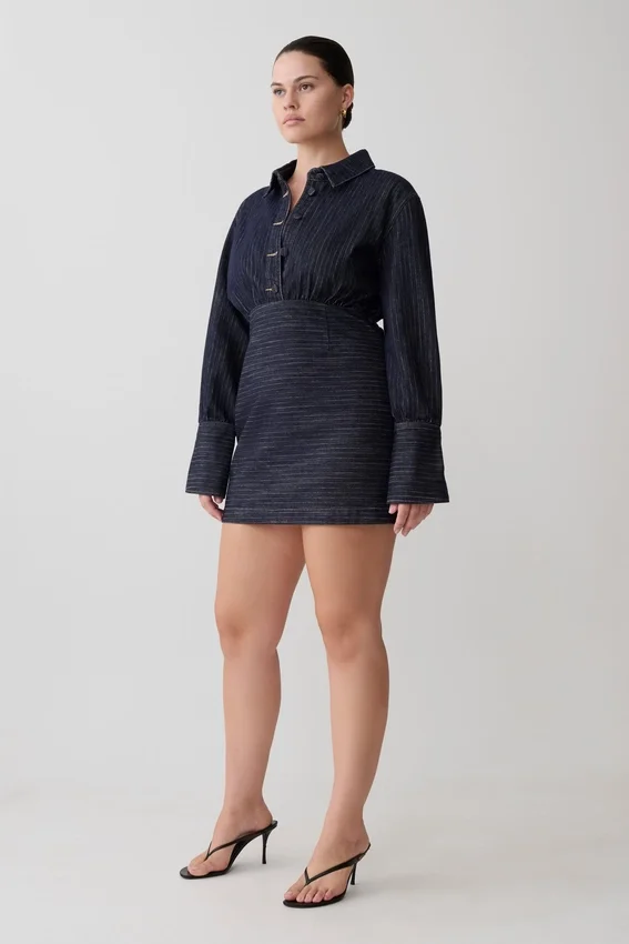 Zarah Denim Long Sleeve Mini Dress – Indigo Pinstripe Zarah Denim Long Sleeve Mini Dress – Indigo Pinstripe