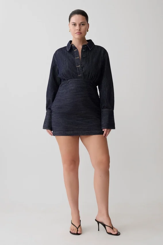Zarah Denim Long Sleeve Mini Dress – Indigo Pinstripe Zarah Denim Long Sleeve Mini Dress – Indigo Pinstripe