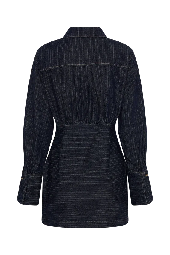 Zarah Denim Long Sleeve Mini Dress – Indigo Pinstripe Zarah Denim Long Sleeve Mini Dress – Indigo Pinstripe