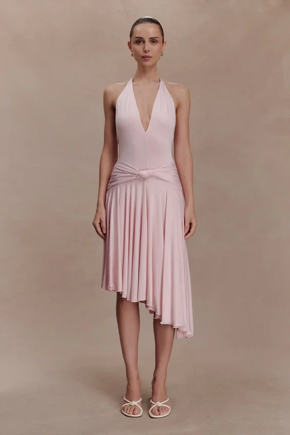 Zelda Asymmetric Slinky Midi Dress – Ballet Pink Zelda Asymmetric Slinky Midi Dress – Ballet Pink