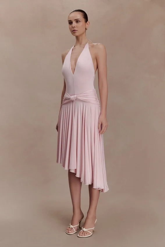 Zelda Asymmetric Slinky Midi Dress – Ballet Pink Zelda Asymmetric Slinky Midi Dress – Ballet Pink