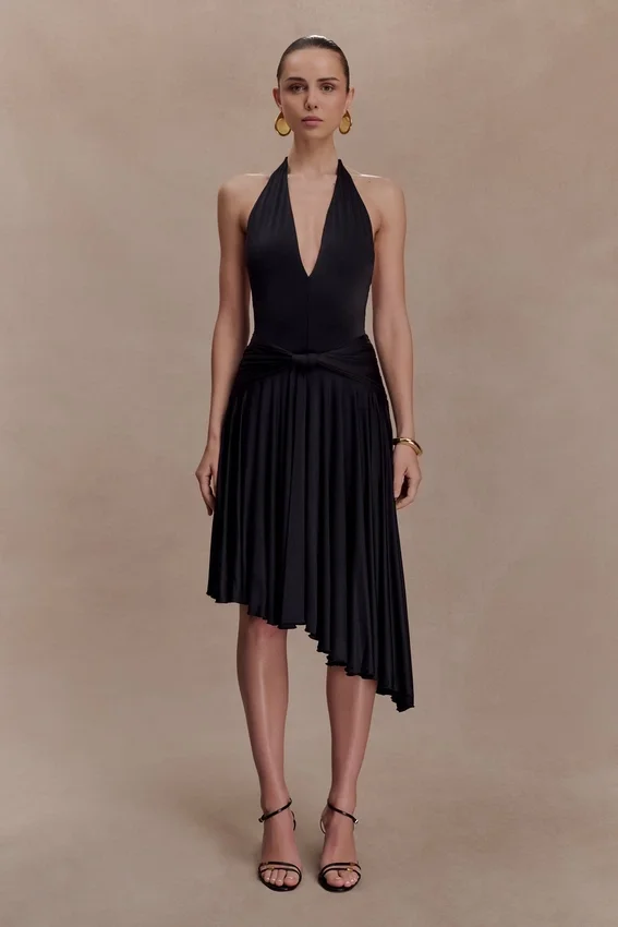 Zelda Asymmetric Slinky Midi Dress – Black Zelda Asymmetric Slinky Midi Dress – Black