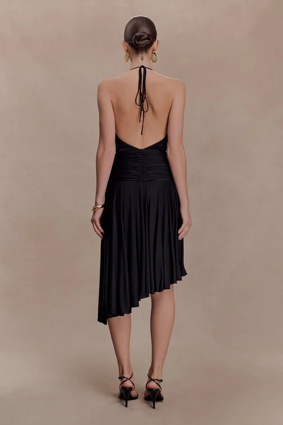 Zelda Asymmetric Slinky Midi Dress – Black Zelda Asymmetric Slinky Midi Dress – Black