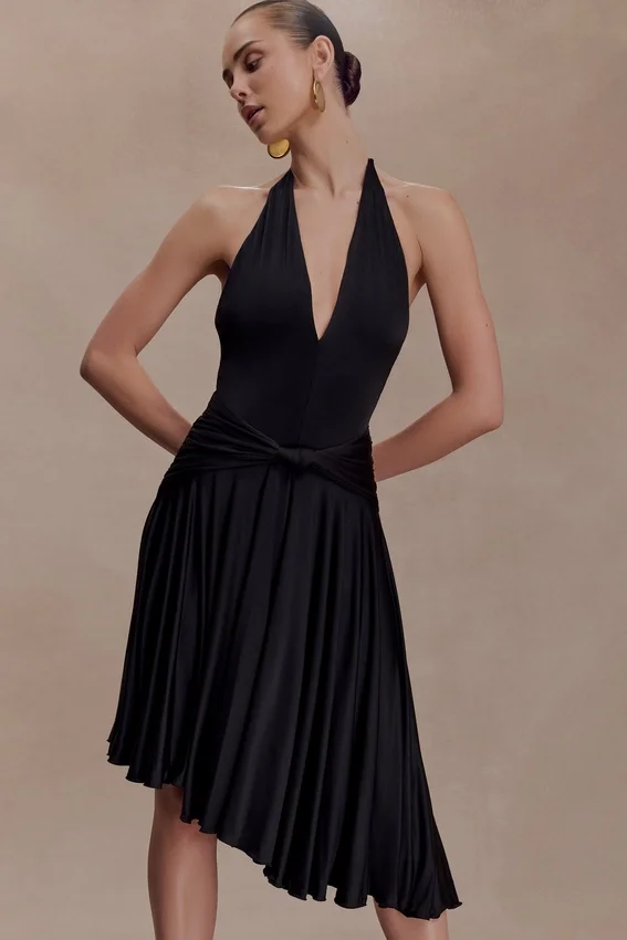 Zelda Asymmetric Slinky Midi Dress – Black Zelda Asymmetric Slinky Midi Dress – Black