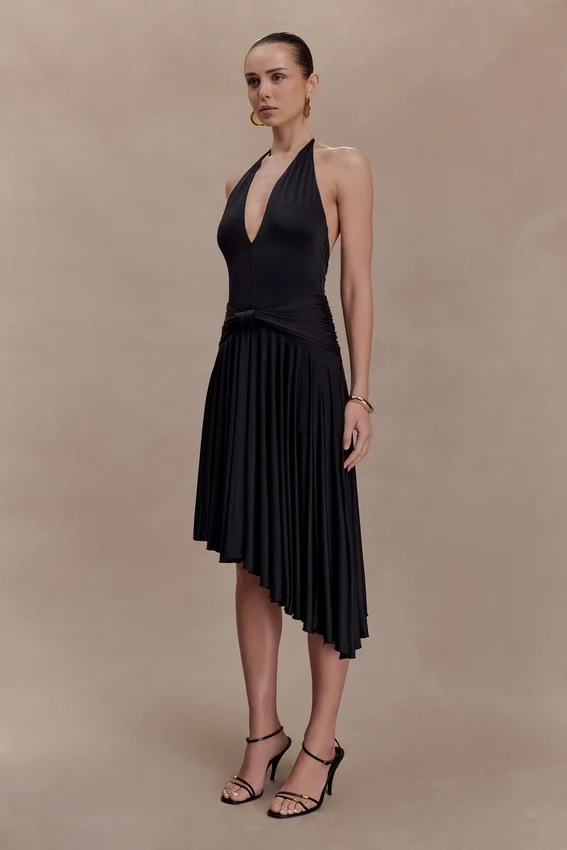 Zelda Asymmetric Slinky Midi Dress – Black Zelda Asymmetric Slinky Midi Dress – Black