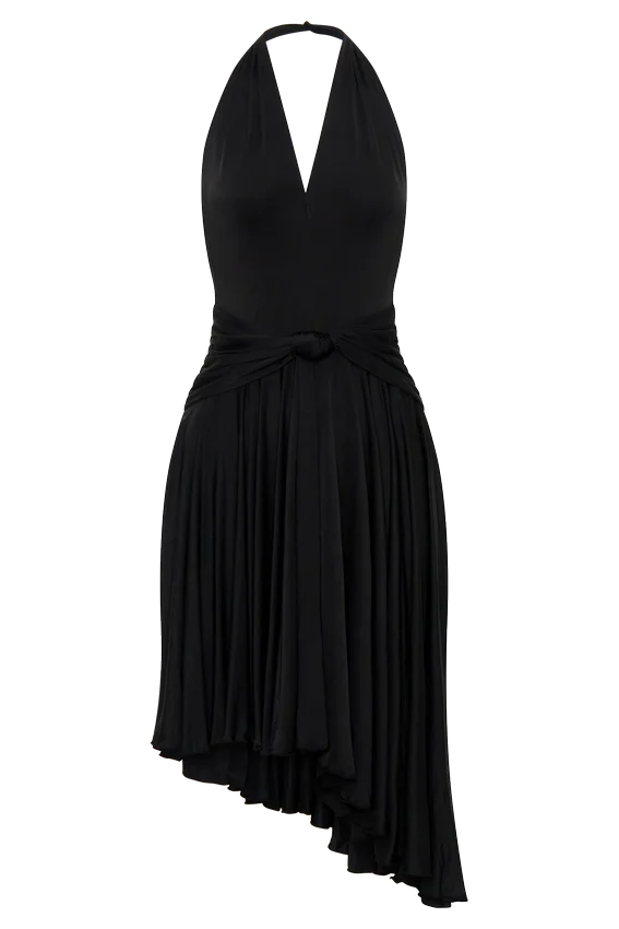 Zelda Asymmetric Slinky Midi Dress – Black Zelda Asymmetric Slinky Midi Dress – Black