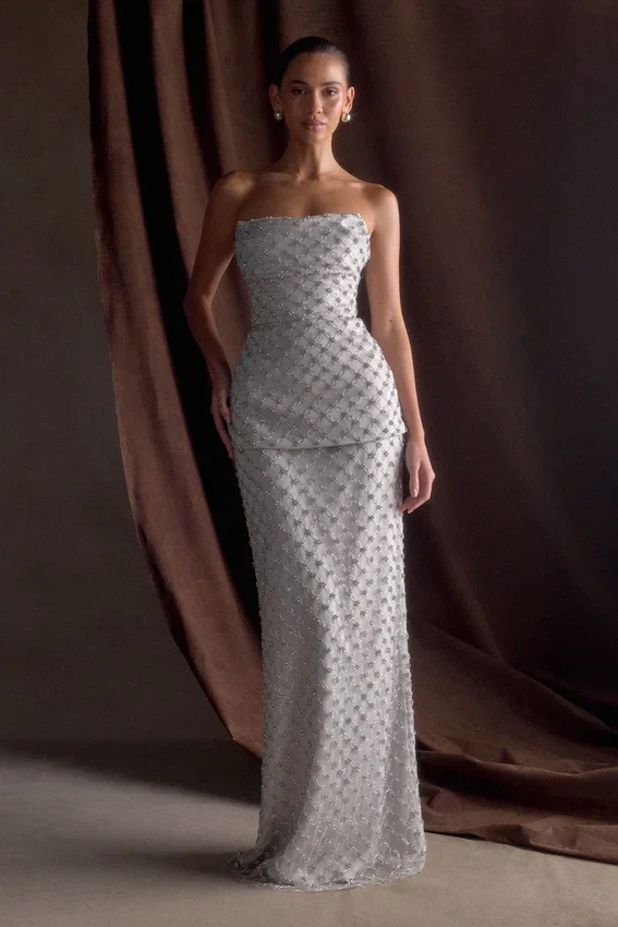 Zuri Hand Beaded Embellished Maxi Skirt – Silver Zuri Hand Beaded Embellished Maxi Skirt – Silver