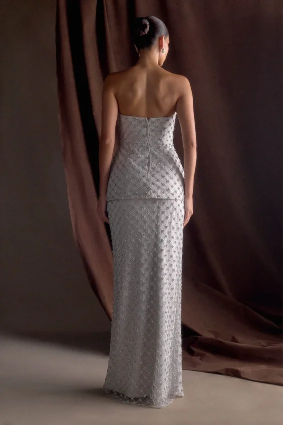 Zuri Hand Beaded Embellished Maxi Skirt – Silver Zuri Hand Beaded Embellished Maxi Skirt – Silver