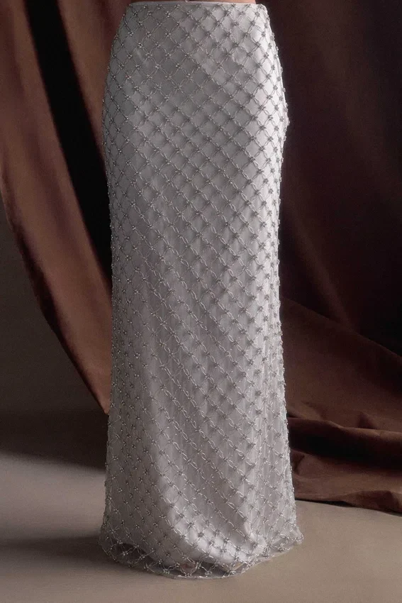 Zuri Hand Beaded Embellished Maxi Skirt – Silver Zuri Hand Beaded Embellished Maxi Skirt – Silver