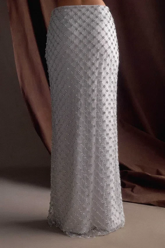 Zuri Hand Beaded Embellished Maxi Skirt – Silver Zuri Hand Beaded Embellished Maxi Skirt – Silver